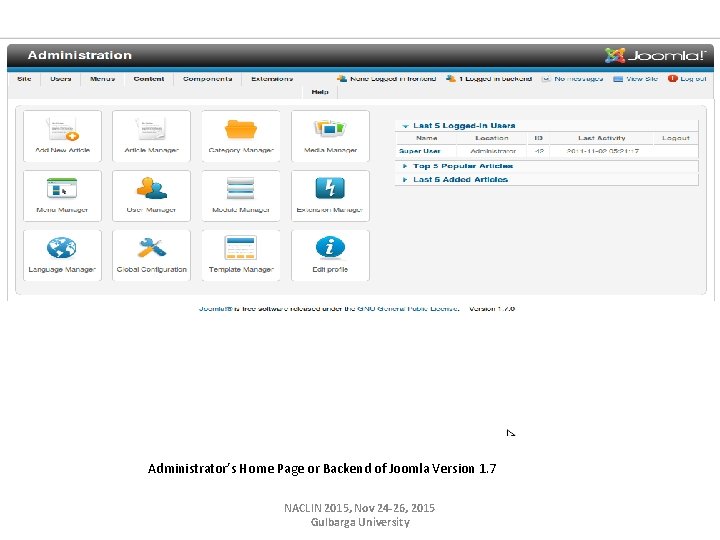 Administrator’s Home Page or Backend of Joomla Version 1. 7 NACLIN 2015, Nov 24