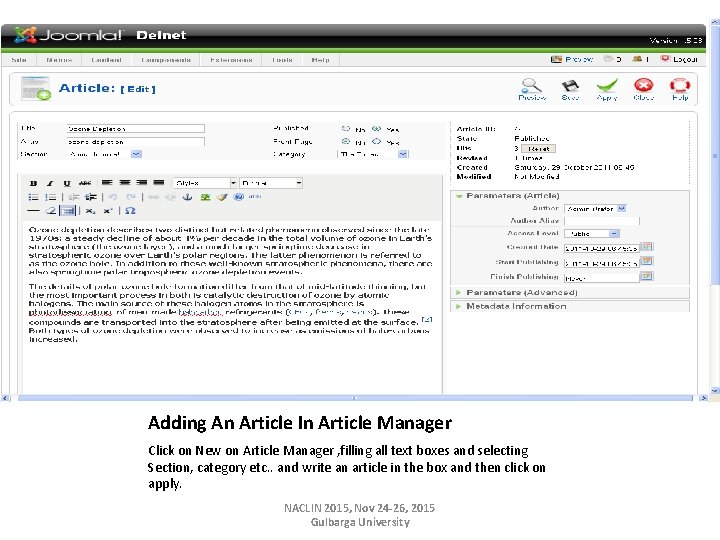 Adding An Article In Article Manager Click on New on Article Manager , filling