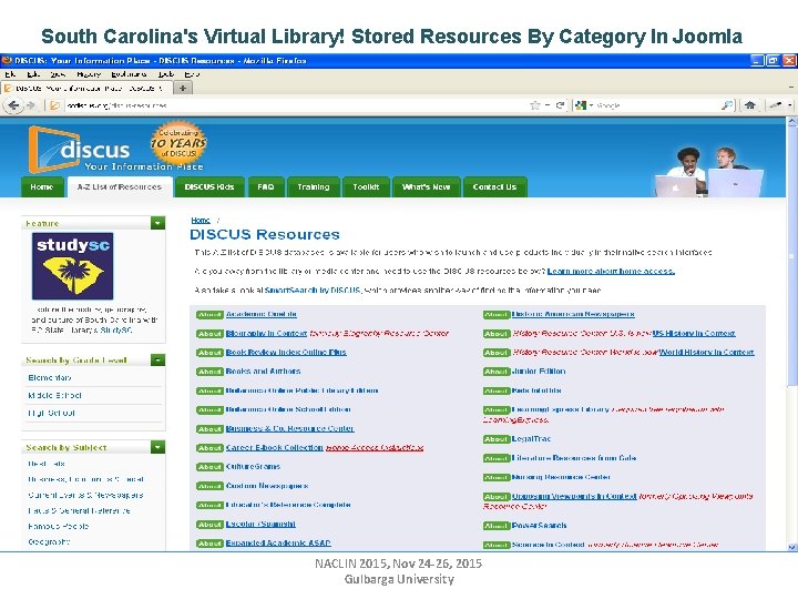 South Carolina's Virtual Library! Stored Resources By Category In Joomla NACLIN 2015, Nov 24