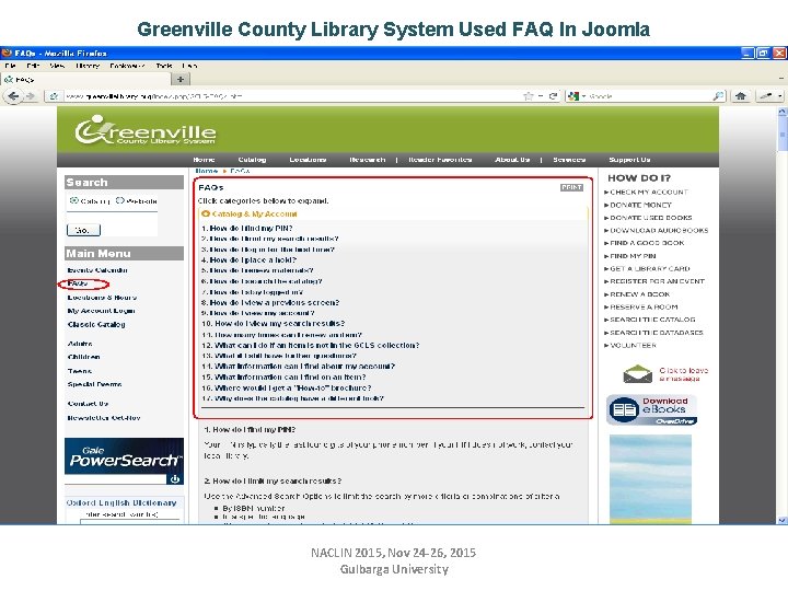 Greenville County Library System Used FAQ In Joomla NACLIN 2015, Nov 24 -26, 2015