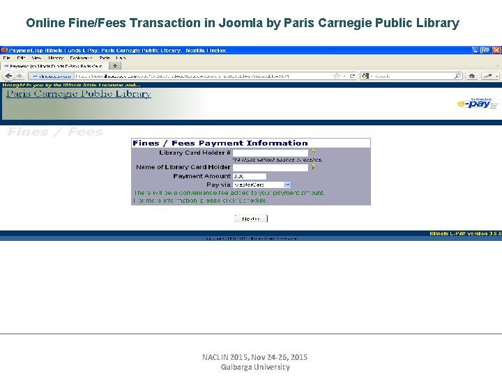 Online Fine/Fees Transaction in Joomla by Paris Carnegie Public Library NACLIN 2015, Nov 24