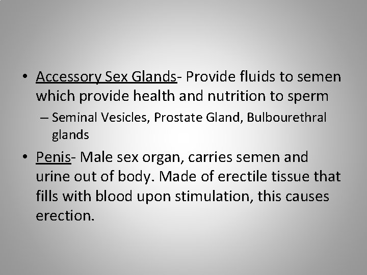  • Accessory Sex Glands- Provide fluids to semen which provide health and nutrition