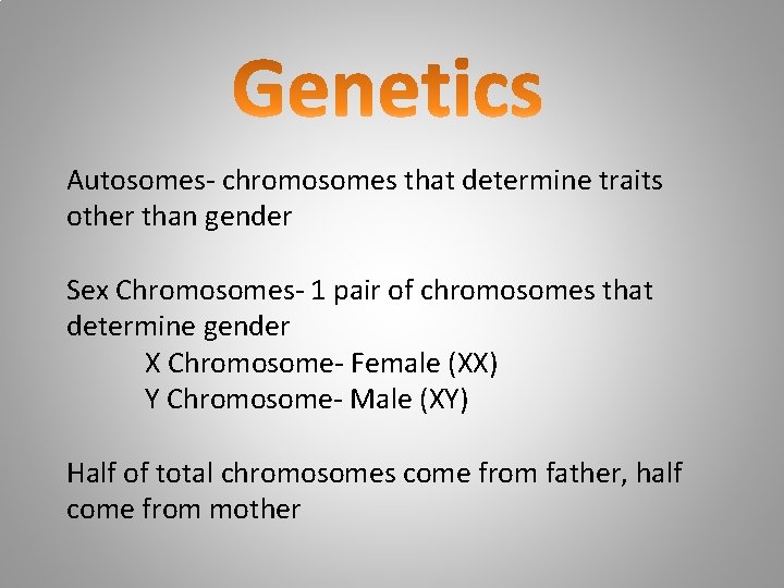 Autosomes- chromosomes that determine traits other than gender Sex Chromosomes- 1 pair of chromosomes