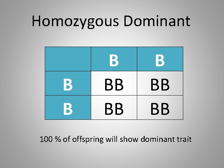 Homozygous Dominant B BB BB BB 100 % of offspring will show dominant trait