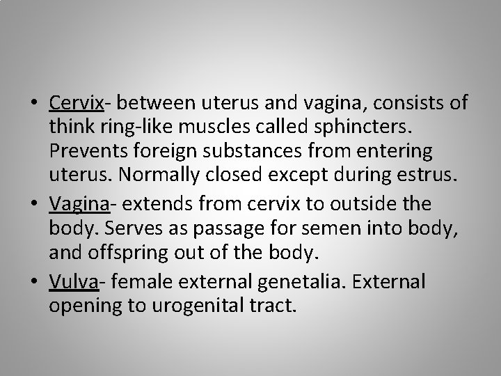  • Cervix- between uterus and vagina, consists of think ring-like muscles called sphincters.