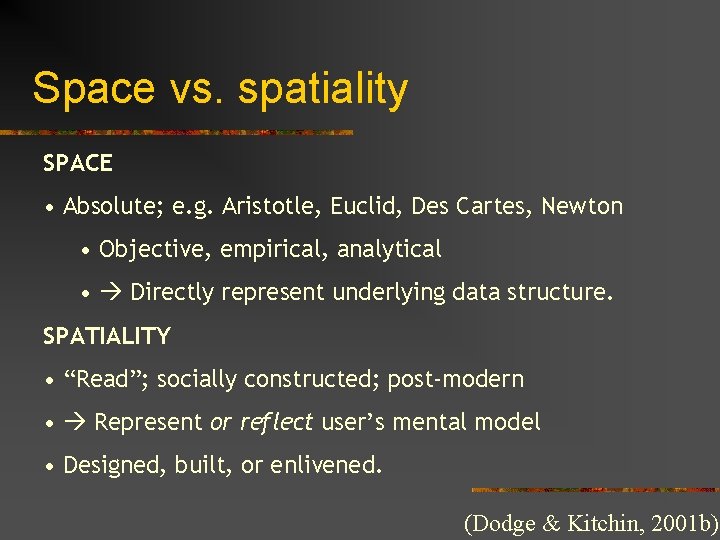 Space vs. spatiality SPACE • Absolute; e. g. Aristotle, Euclid, Des Cartes, Newton •