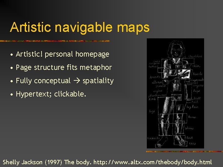 Artistic navigable maps • Artistic! personal homepage • Page structure fits metaphor • Fully