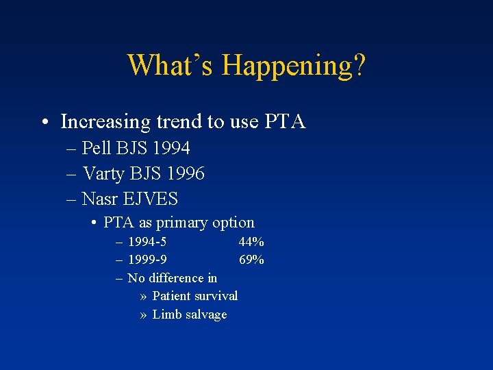 What’s Happening? • Increasing trend to use PTA – Pell BJS 1994 – Varty
