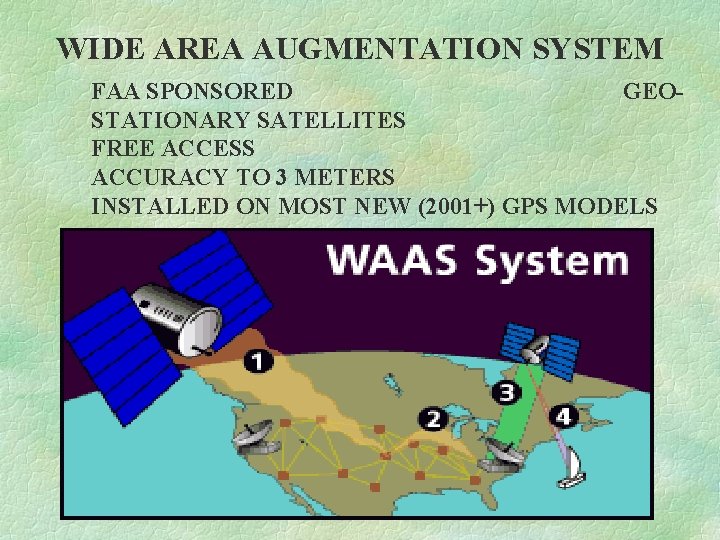 WIDE AREA AUGMENTATION SYSTEM FAA SPONSORED GEOSTATIONARY SATELLITES FREE ACCESS ACCURACY TO 3 METERS