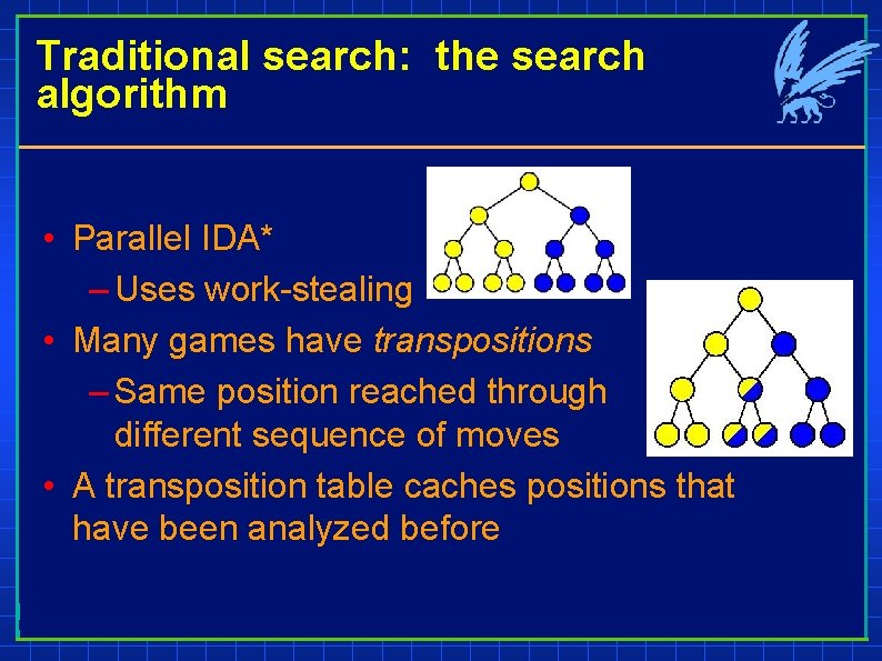 Traditional search: the search algorithm • Parallel IDA* – Uses work-stealing • Many games