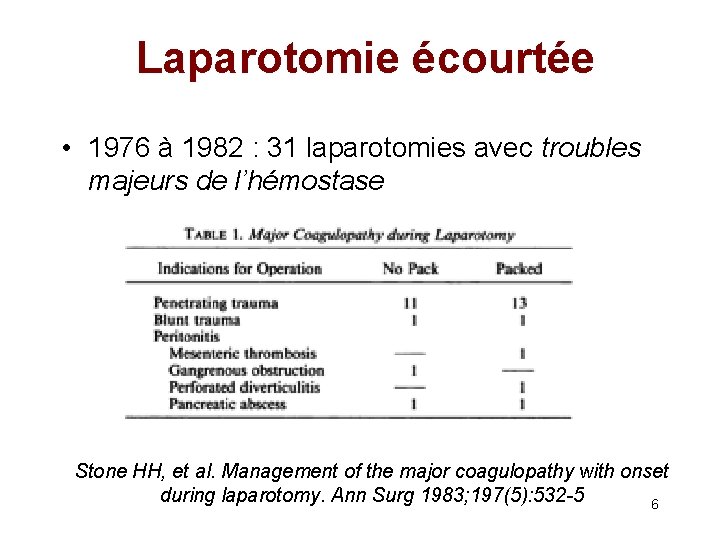 Laparotomie écourtée • 1976 à 1982 : 31 laparotomies avec troubles majeurs de l’hémostase