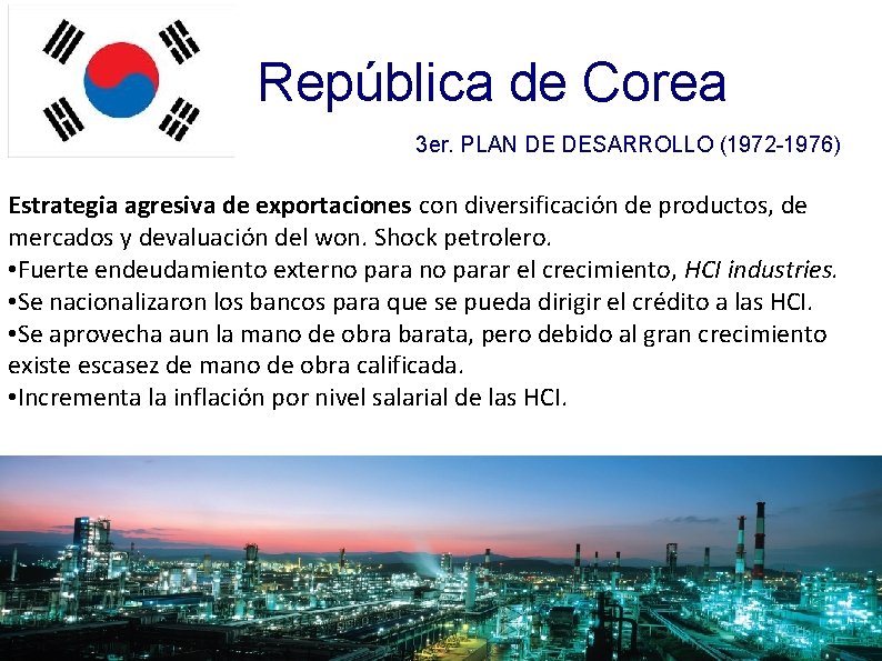 República de Corea 3 er. PLAN DE DESARROLLO (1972 -1976) Estrategia agresiva de exportaciones