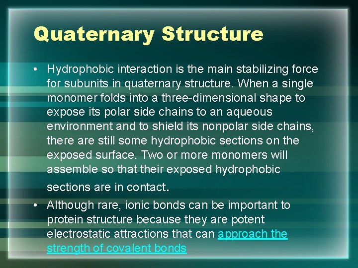 Quaternary Structure • Hydrophobic interaction is the main stabilizing force for subunits in quaternary