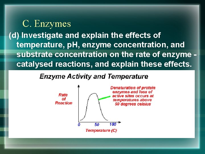C. Enzymes (d) Investigate and explain the effects of temperature, p. H, enzyme concentration,