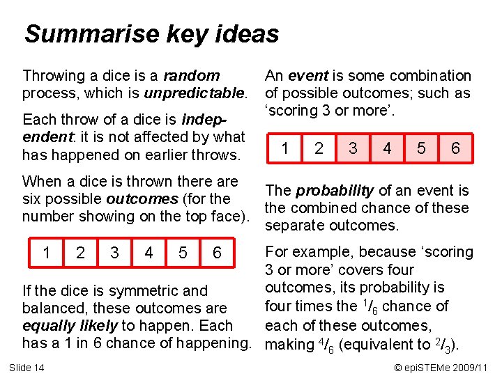 Summarise key ideas Throwing a dice is a random process, which is unpredictable. Each