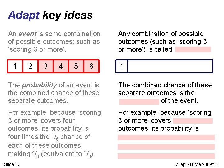 Adapt key ideas An event is some combination of possible outcomes; such as ‘scoring