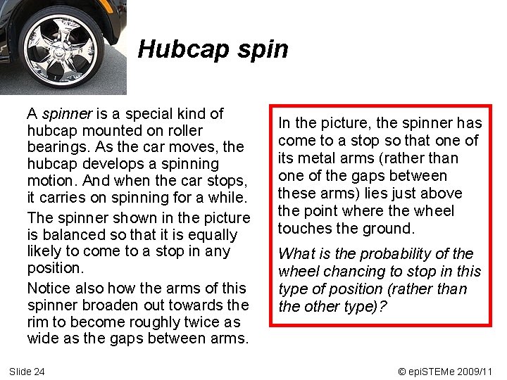 Hubcap spin A spinner is a special kind of hubcap mounted on roller bearings.