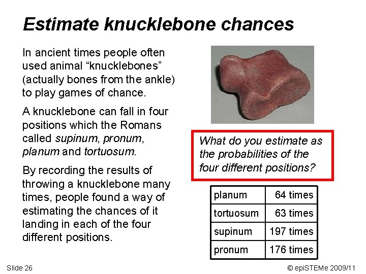 Estimate knucklebone chances In ancient times people often used animal “knucklebones” (actually bones from