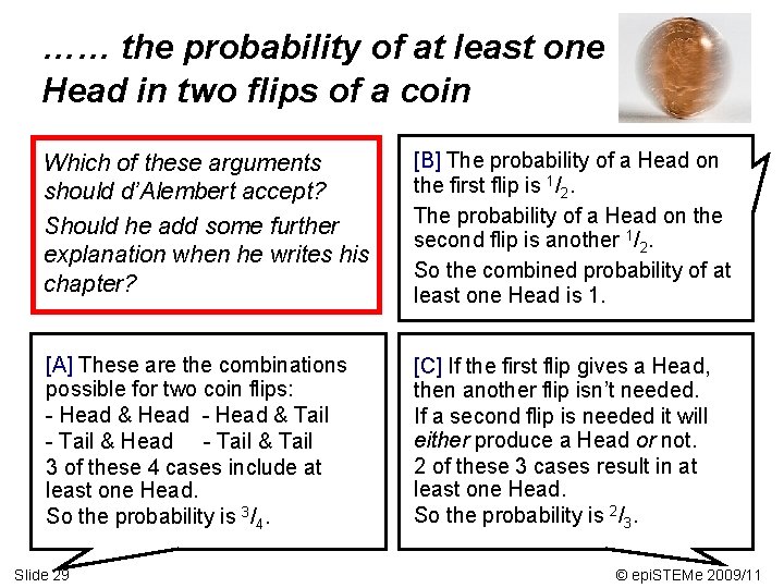 …… the probability of at least one Head in two flips of a coin