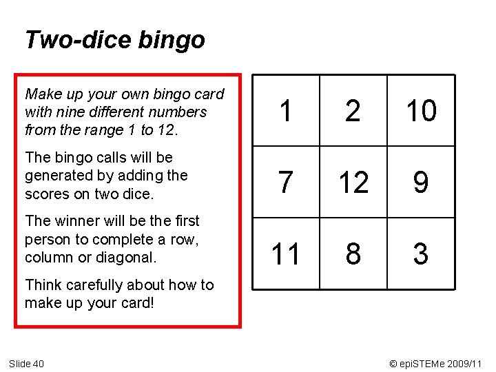 Two-dice bingo Make up your own bingo card with nine different numbers from the