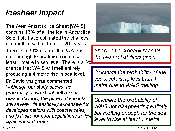 Icesheet impact The West Antarctic Ice Sheet [WAIS] contains 13% of all the ice
