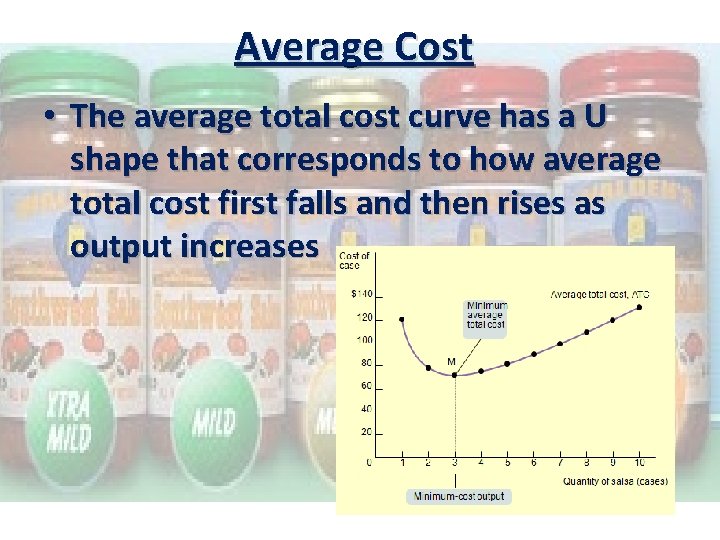 Average Cost • The average total cost curve has a U shape that corresponds