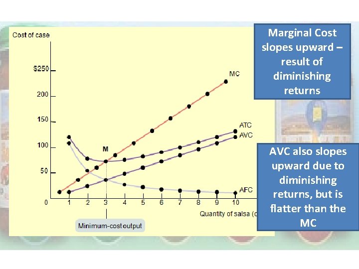 Marginal Cost slopes upward – result of diminishing returns AVC also slopes upward due