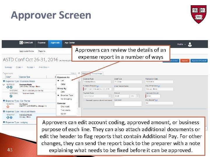 Approver Screen Approvers can review the details of an expense report in a number