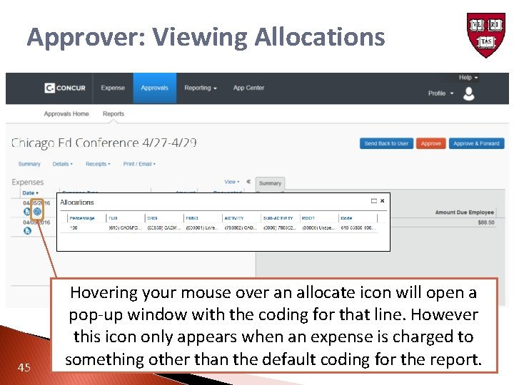 Approver: Viewing Allocations 45 Hovering your mouse over an allocate icon will open a