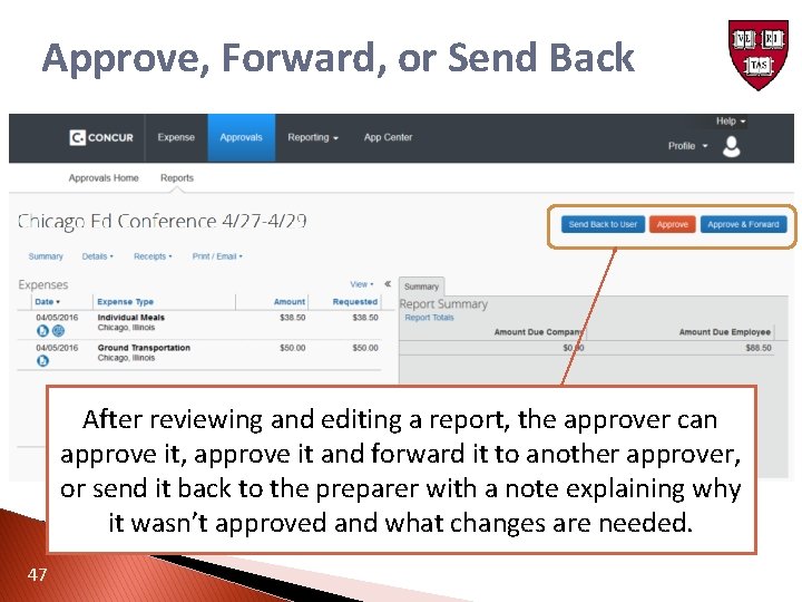 Approve, Forward, or Send Back After reviewing and editing a report, the approver can