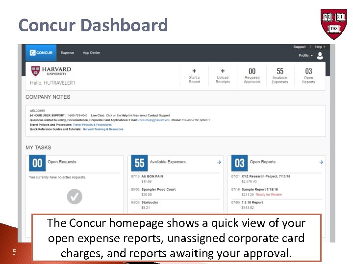 Concur Dashboard 5 The Concur homepage shows a quick view of your open expense