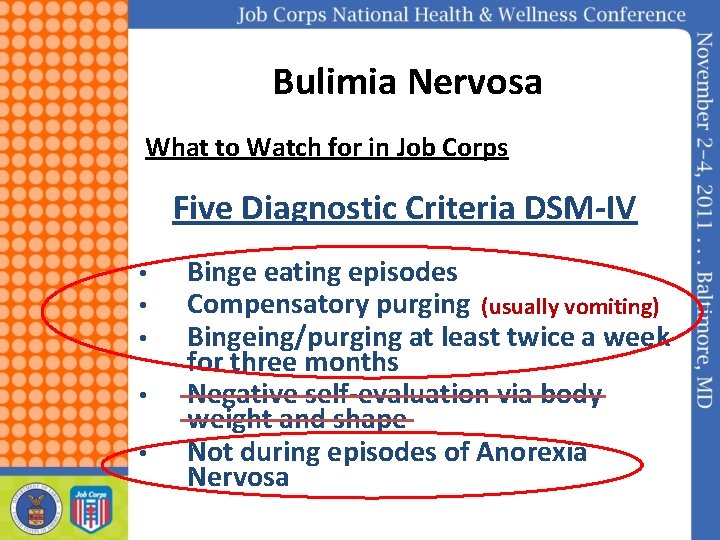 Bulimia Nervosa What to Watch for in Job Corps Five Diagnostic Criteria DSM-IV •