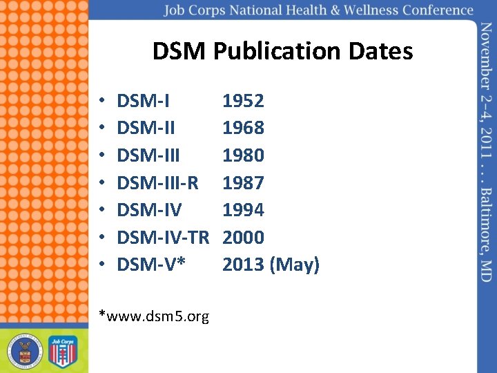 DSM Publication Dates • • DSM-III-R DSM-IV-TR DSM-V* *www. dsm 5. org 1952 1968