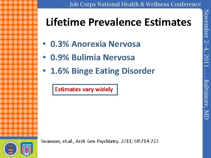Lifetime Prevalence Estimates • 0. 3% Anorexia Nervosa • 0. 9% Bulimia Nervosa •