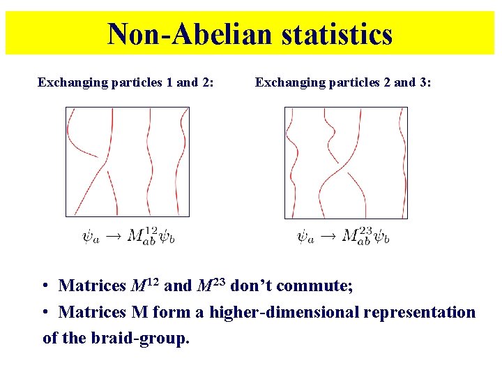 Non-Abelian statistics Exchanging particles 1 and 2: Exchanging particles 2 and 3: • Matrices Non-Abelian statistics Exchanging particles 1 and 2: Exchanging particles 2 and 3: • Matrices