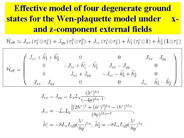 Effective model of four degenerate ground states for the Wen-plaquette model under x- and Effective model of four degenerate ground states for the Wen-plaquette model under x- and