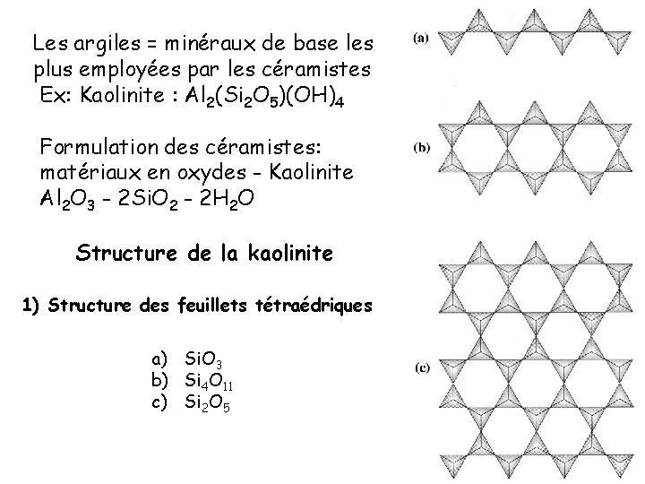 Les argiles = minéraux de base les plus employées par les céramistes Ex: Kaolinite