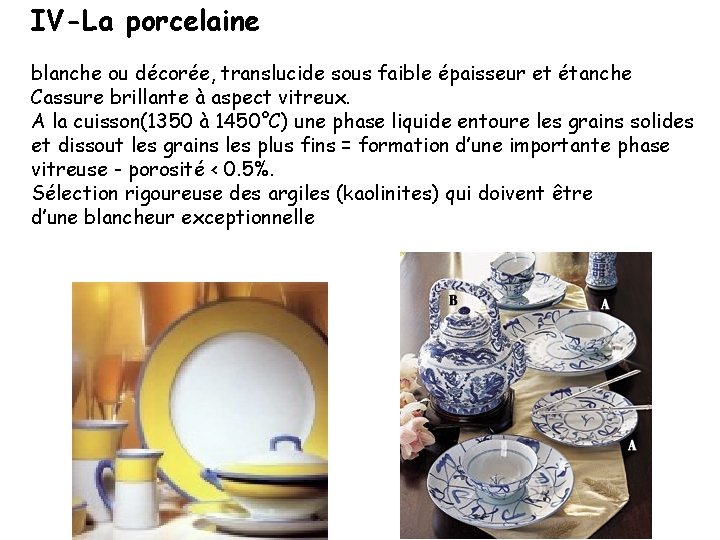 IV-La porcelaine blanche ou décorée, translucide sous faible épaisseur et étanche Cassure brillante à