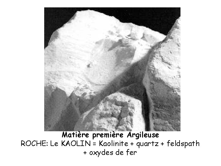 Matière première Argileuse ROCHE: Le KAOLIN = Kaolinite + quartz + feldspath + oxydes