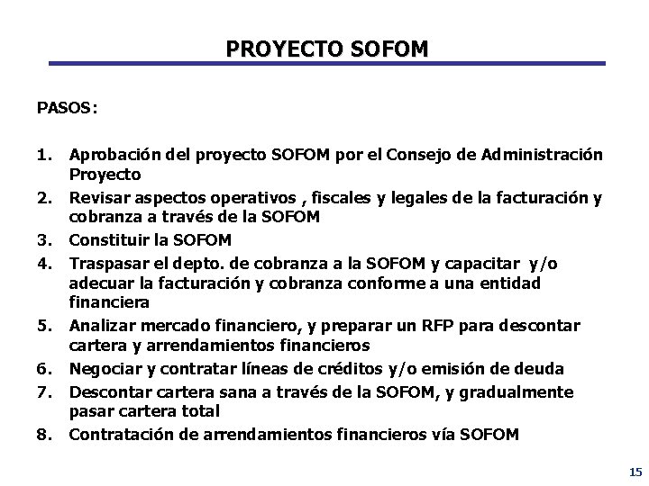 PROYECTO SOFOM PASOS: 1. Aprobación del proyecto SOFOM por el Consejo de Administración Proyecto