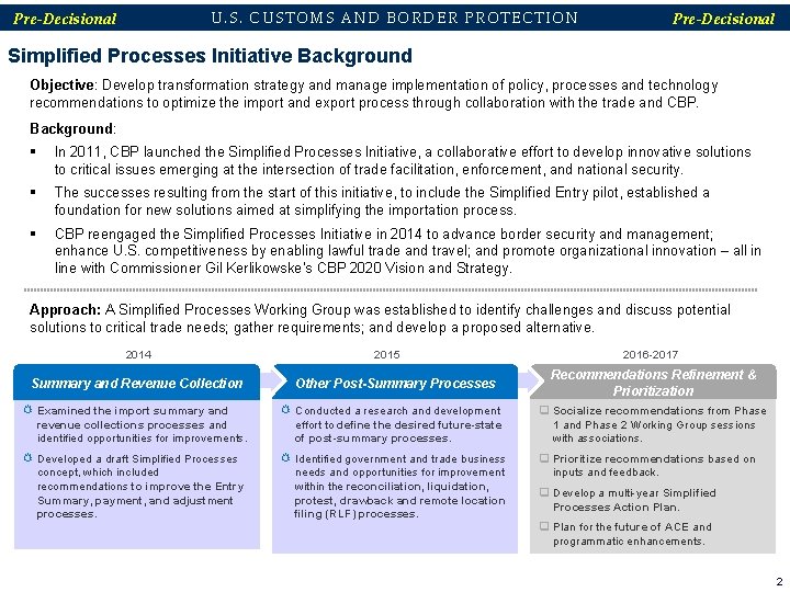 U. S. CUSTOMS AND BORDER PROTECTION Pre-Decisional Simplified Processes Initiative Background Objective: Develop transformation