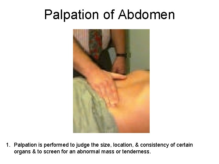 Palpation of Abdomen 1. Palpation is performed to judge the size, location, & consistency