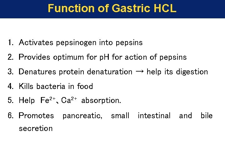 Function of Gastric HCL 1. Activates pepsinogen into pepsins 2. Provides optimum for p.
