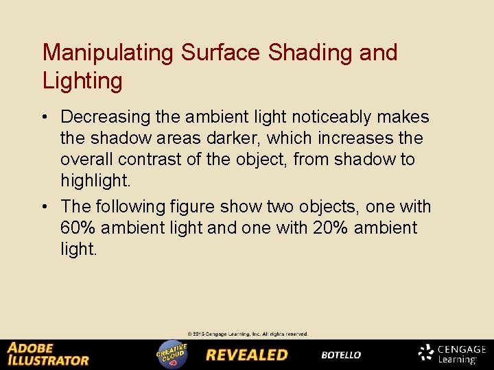 Manipulating Surface Shading and Lighting • Decreasing the ambient light noticeably makes the shadow