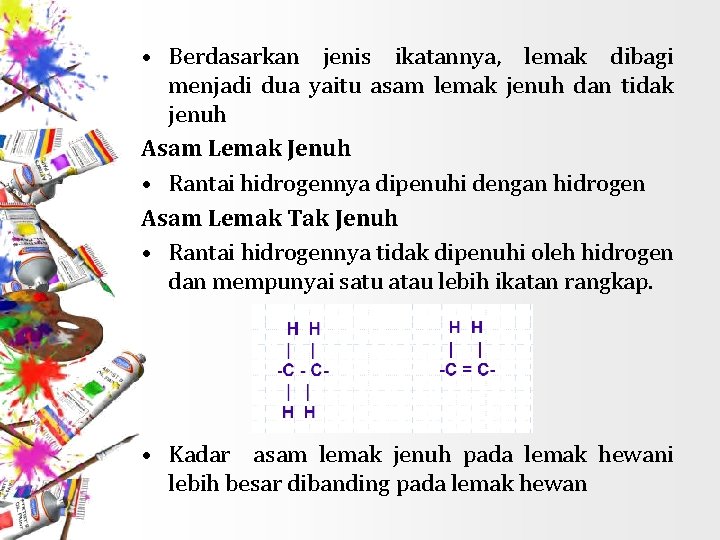  • Berdasarkan jenis ikatannya, lemak dibagi menjadi dua yaitu asam lemak jenuh dan