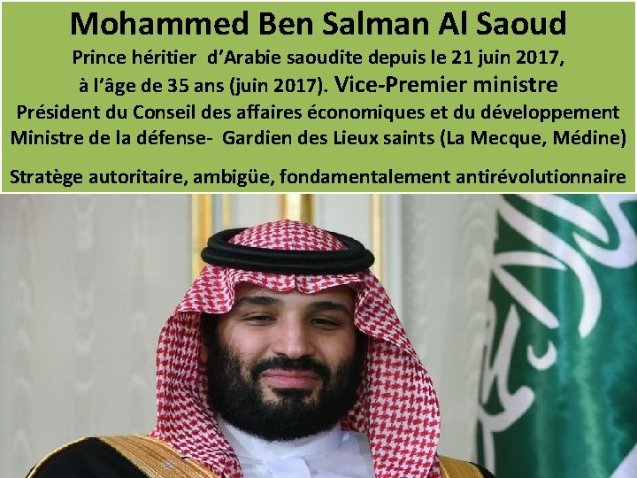 Mohammed Ben Salman Al Saoud Prince héritier d’Arabie saoudite depuis le 21 juin 2017,