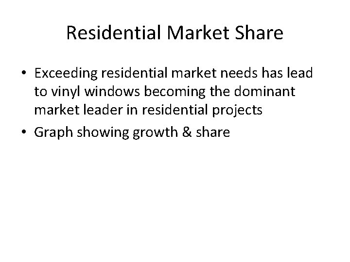 Residential Market Share • Exceeding residential market needs has lead to vinyl windows becoming