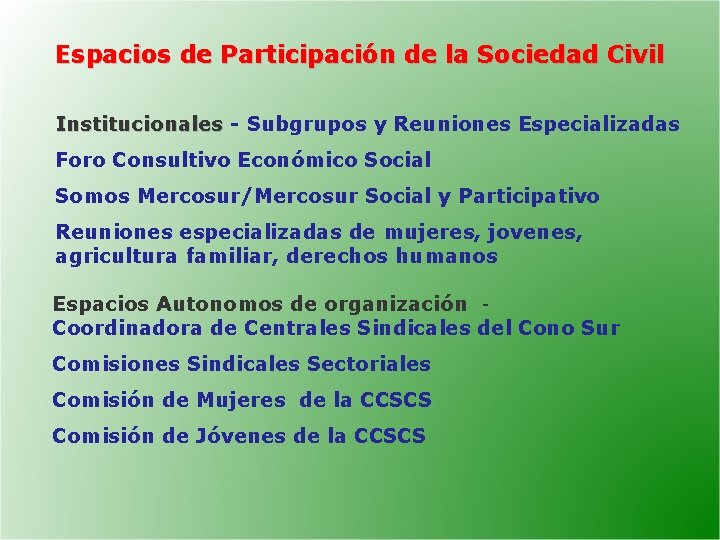 Espacios de Participación de la Sociedad Civil Institucionales - Subgrupos y Reuniones Especializadas Institucionales