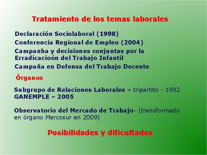 Tratamiento de los temas laborales Declaración Sociolaboral (1998) Conferencia Regional de Empleo (2004) Campanha