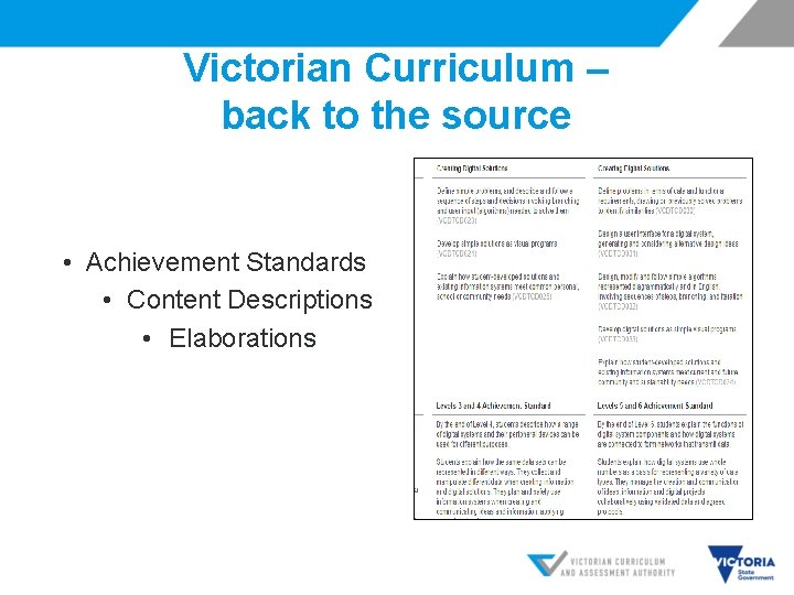 Victorian Curriculum – back to the source • Achievement Standards • Content Descriptions •